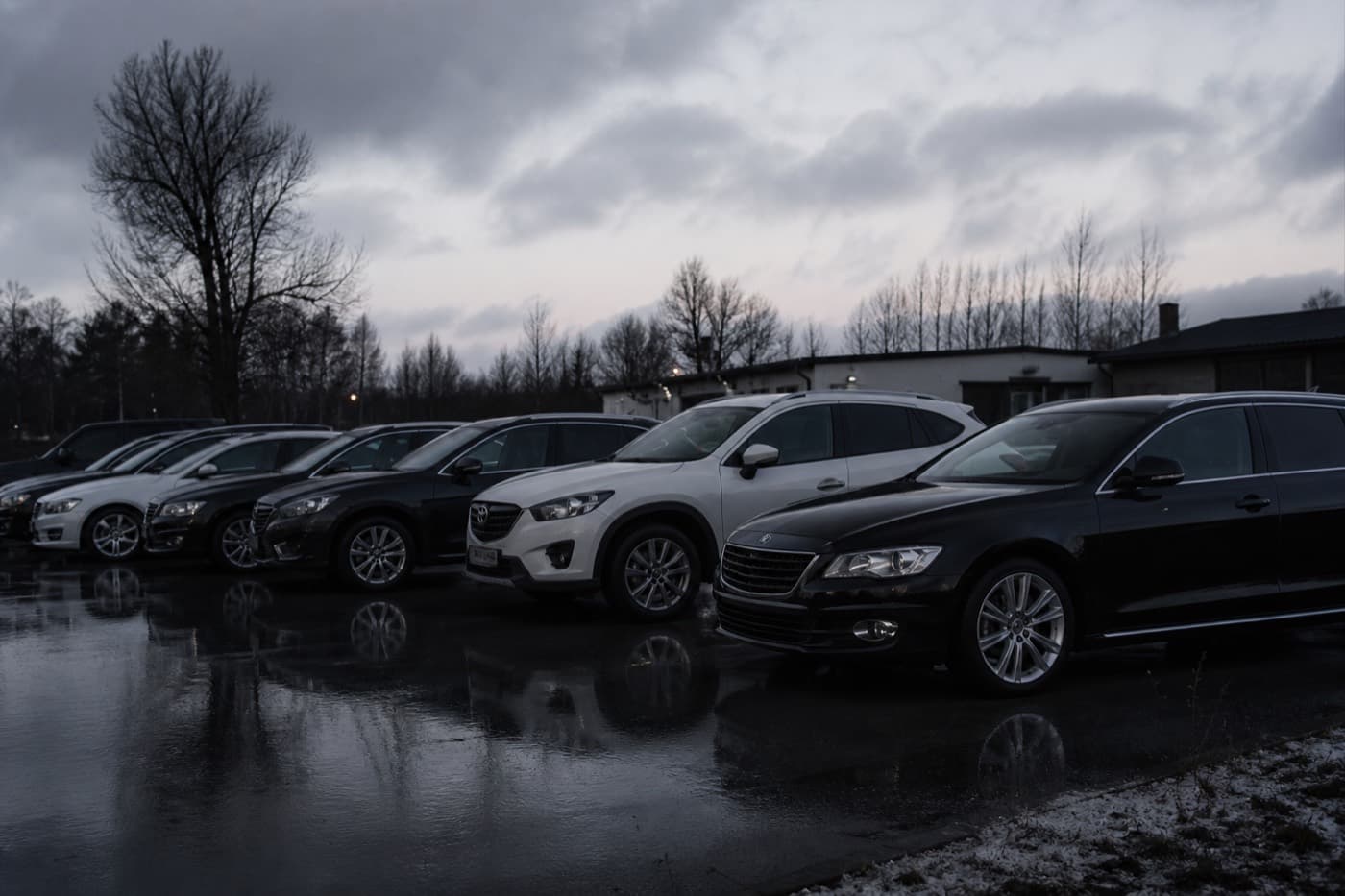 En bilhandlares uppställningsplats med rader av begagnade bilar
